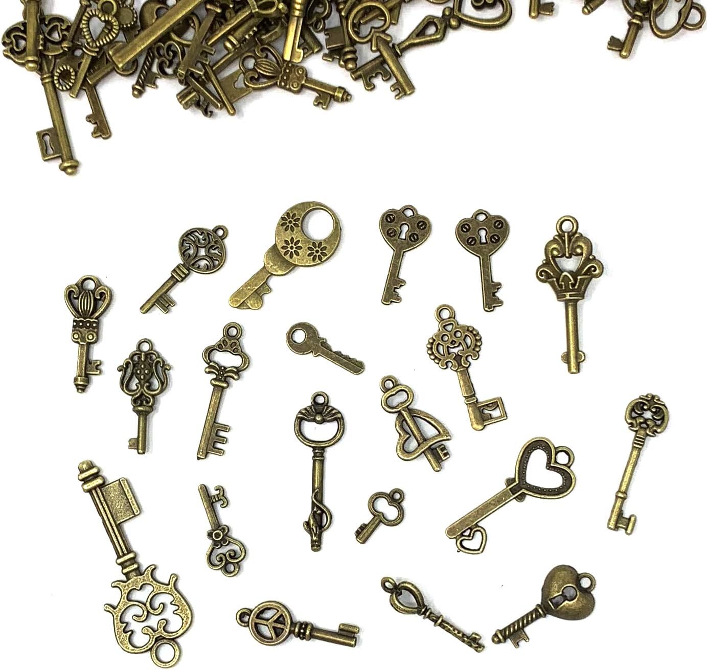 125 PCS Vintage Skeleton Key Set Charms, JIALEEY Mixed Antique Style Bronze Brass for Pendant DIY Jewelry Making Wedding Party Favors
