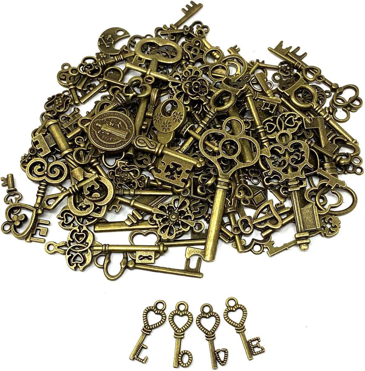 125 PCS Vintage Skeleton Key Set Charms, JIALEEY Mixed Antique Style Bronze Brass for Pendant DIY Jewelry Making Wedding Party Favors