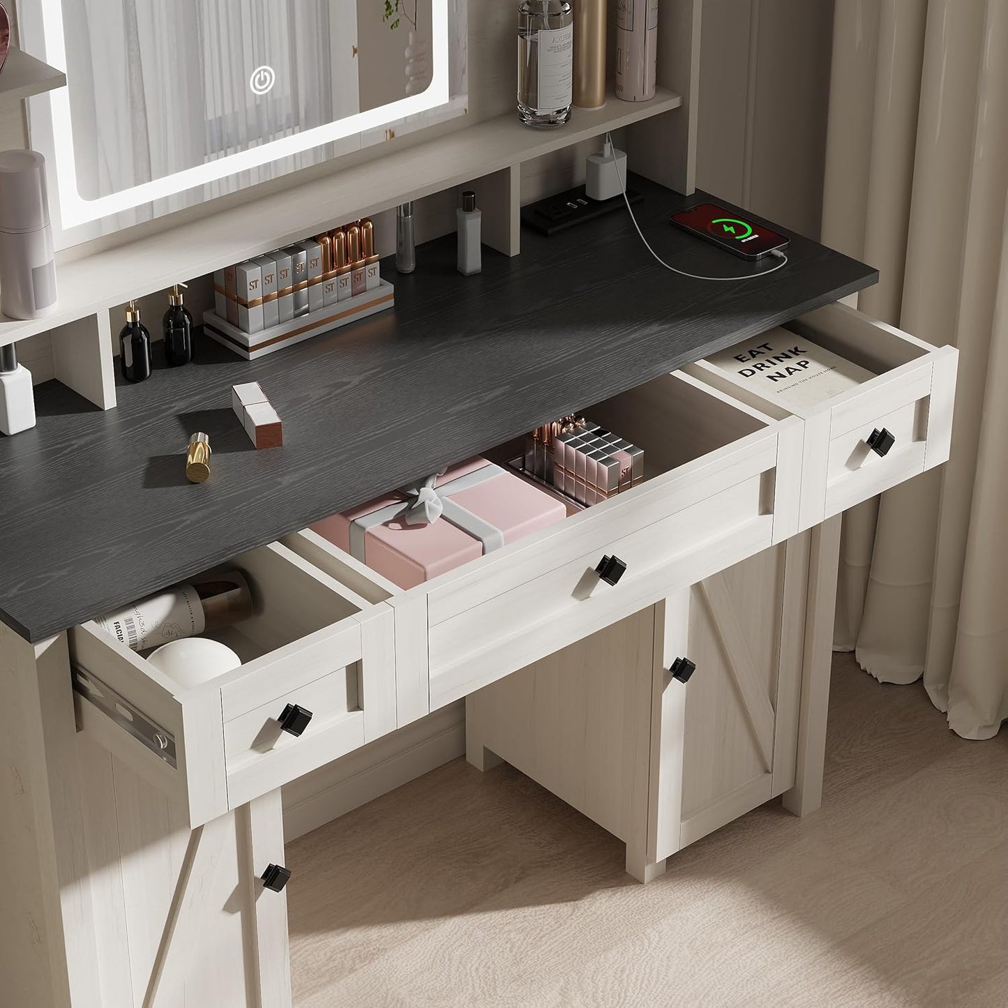 BEWISHOME Farmhouse Vanity Desk,Makeup Vanity with Lights with 3 Colors,Makeup Table Farmhouse Makeup Vanity Desk Vanity Set,Antique White Vanity Table with Charging Station & Cabinet & Stool FST23W